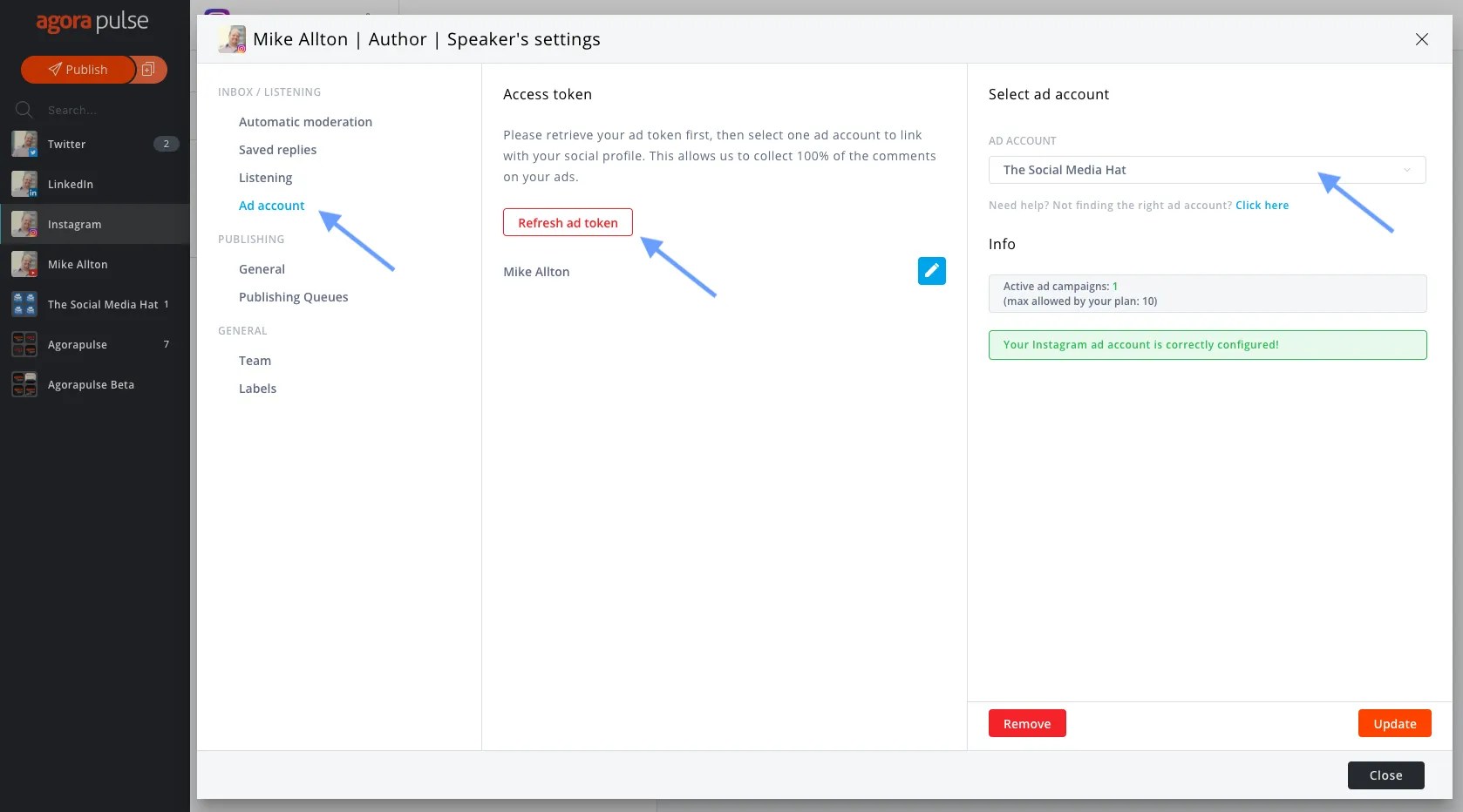 Refresh your ad account token within Agorapulse to get a list of all available ad accounts.