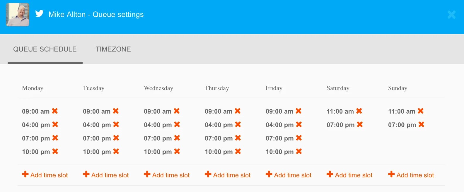 specify specific time-slots for each weekday 