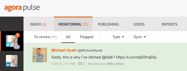 Monitoring Tweets within AgoraPulse revealed this tweet from Michael Hyatt.