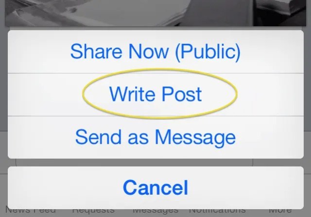 Be sure to click on Write Post when sharing a Facebook post to a Facebook Page.