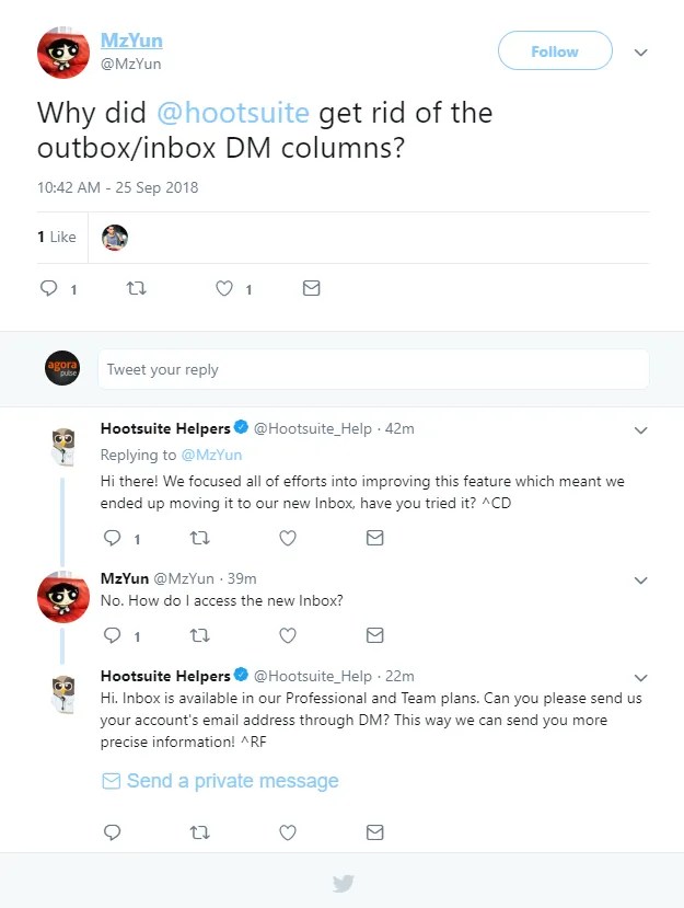 Hootsuite's response to why they removed Direct Message streams.