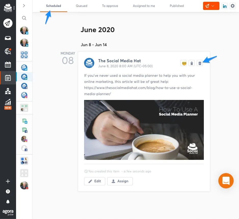 Deleting scheduled social media posts in Agorapulse.