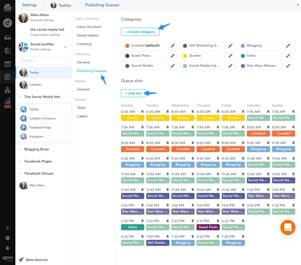 Setting up schedules for queues in Agorapulse.