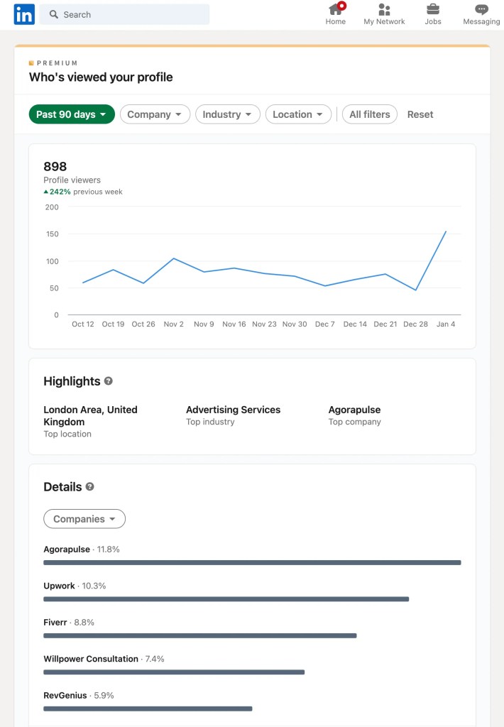 Screenshot of LinkedIn Analytics demonstrating who and how many people have viewed a profile.