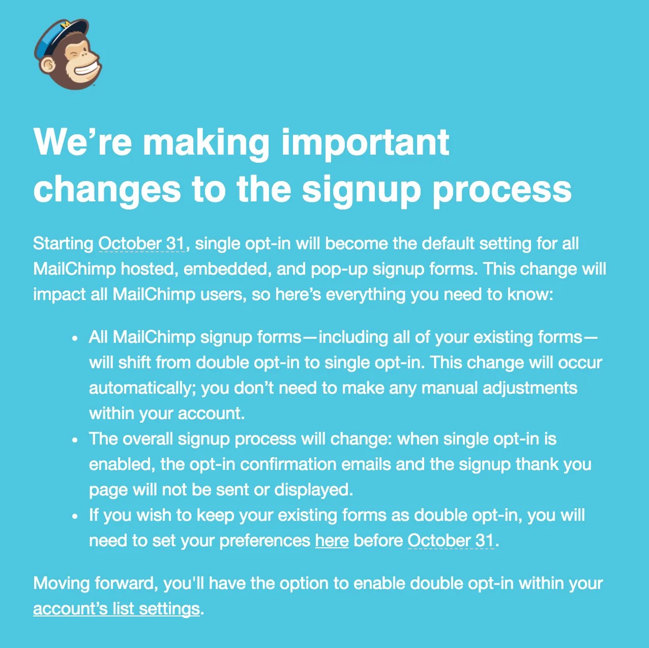 Full message from MailChimp regarding Opt-In changes.