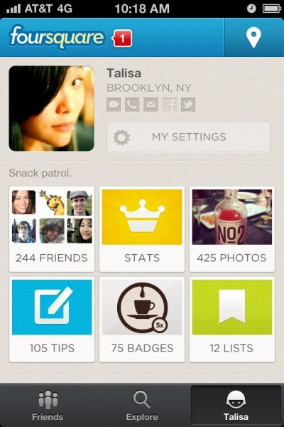 foursquare "Me" screen