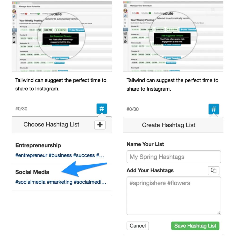 Save your best performing hashtags in custom lists within Tailwind.