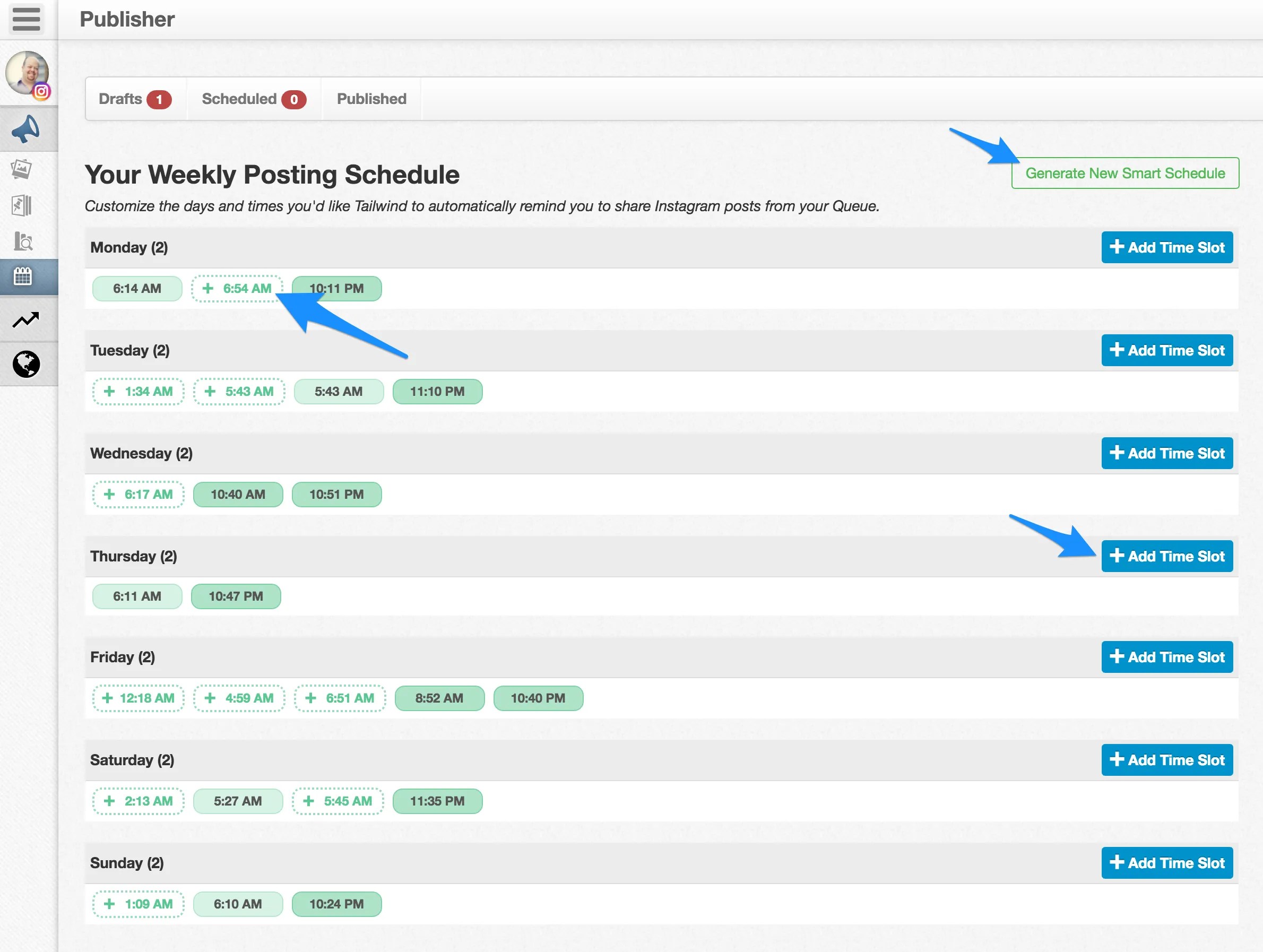 Get suggested times for peak engagement on Instagram using Tailwind.