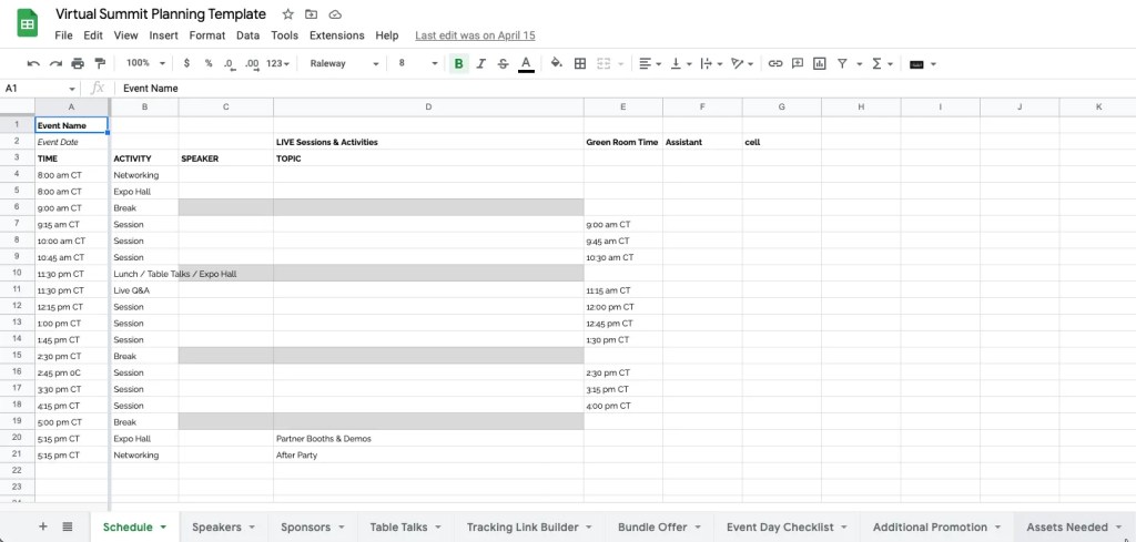 Virtual Event Plan sheet template, provided to VIP Strategy Day clients.