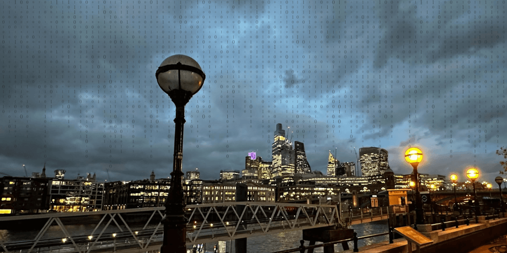 Influencer Marketing Statistics graphic with Matrix style numbers superimposed on shot of the Thames River in London.