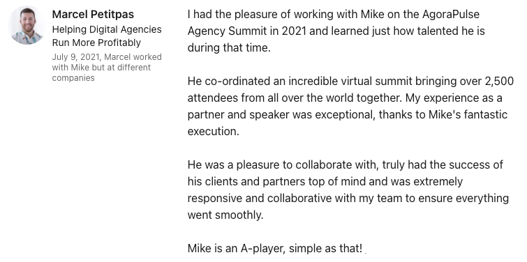 Marcel Petipas Recommendation for Mike Allton, Virtual Event Strategist