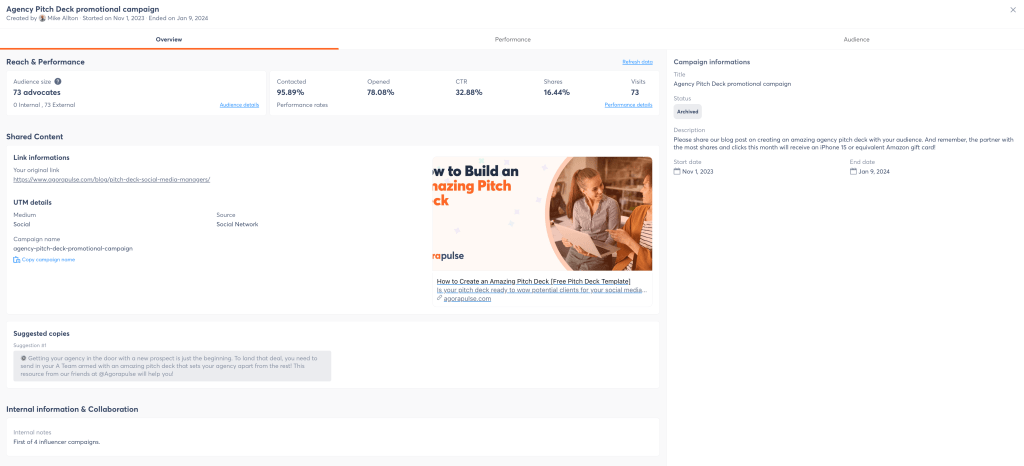 Agorapulse's Employee Advocacy feature, campaign example.