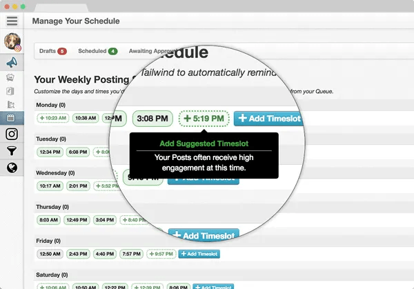 Tailwind can suggest the perfect time to share to Instagram.